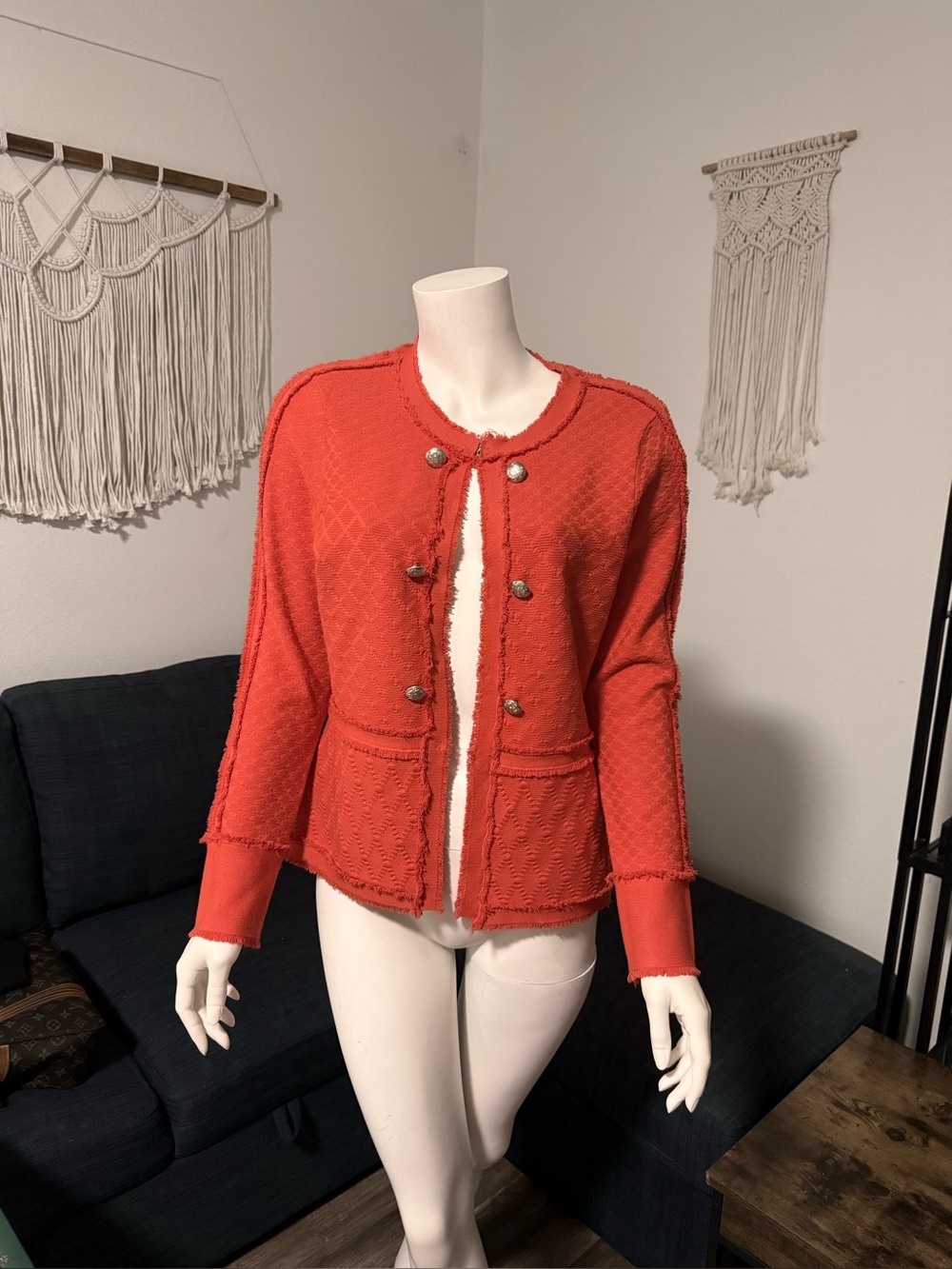 Carlisle New York orange textured jacket featuring a distinctive frayed trim